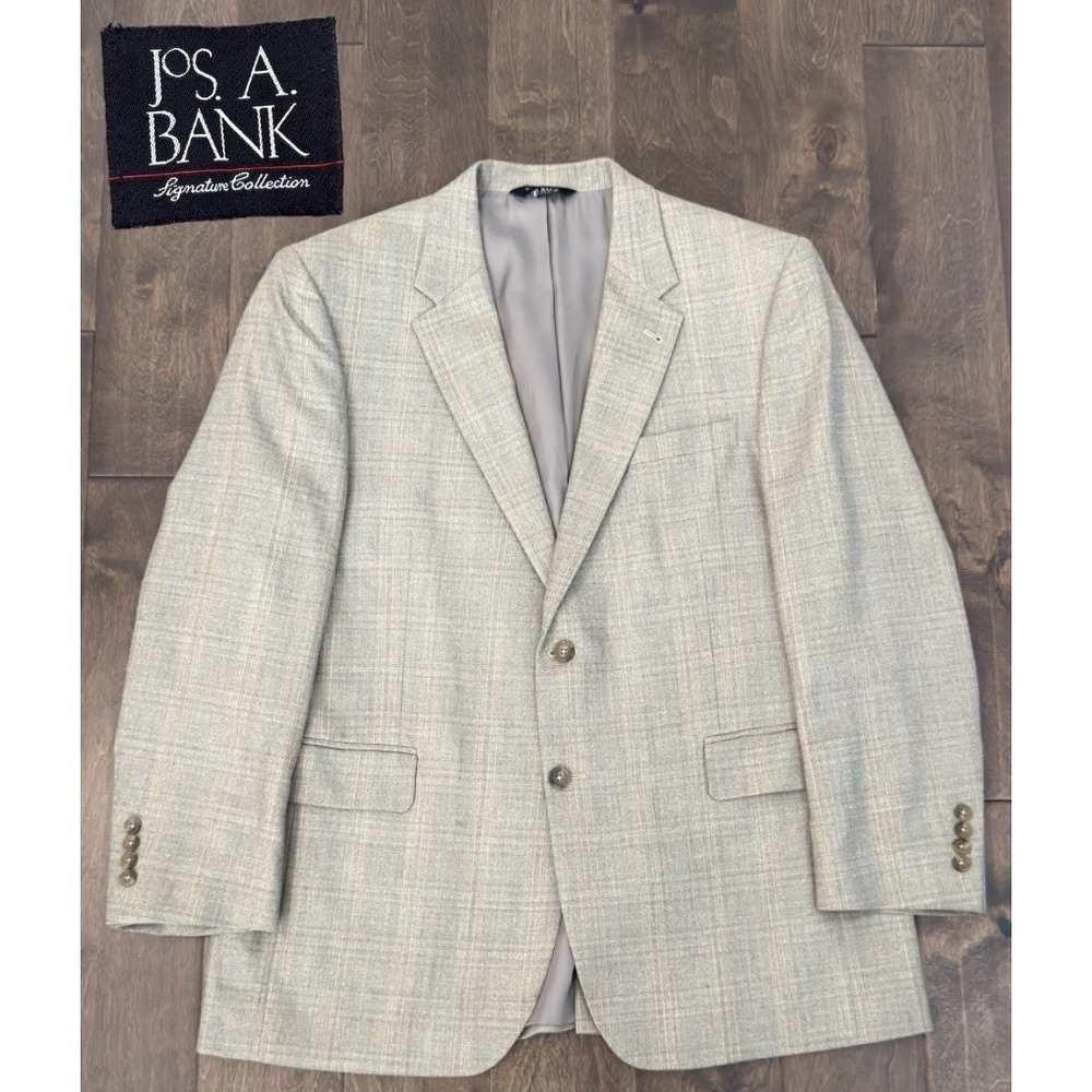 Jos A Bank Mens Two Button Grey Wool & Silk Plaid Suit Jacket Blazer Size 44R